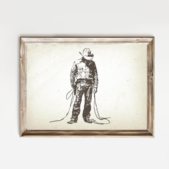 Standing Cowboy With Lasso Sketch Black Ink Western Art Poster