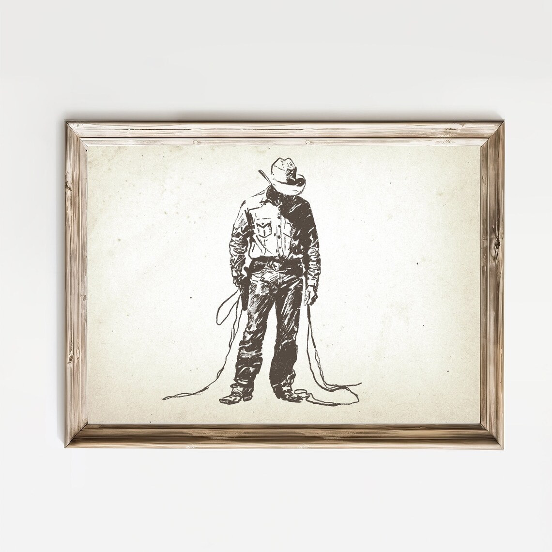 Standing Cowboy With Lasso Sketch Black Ink Western Art Poster