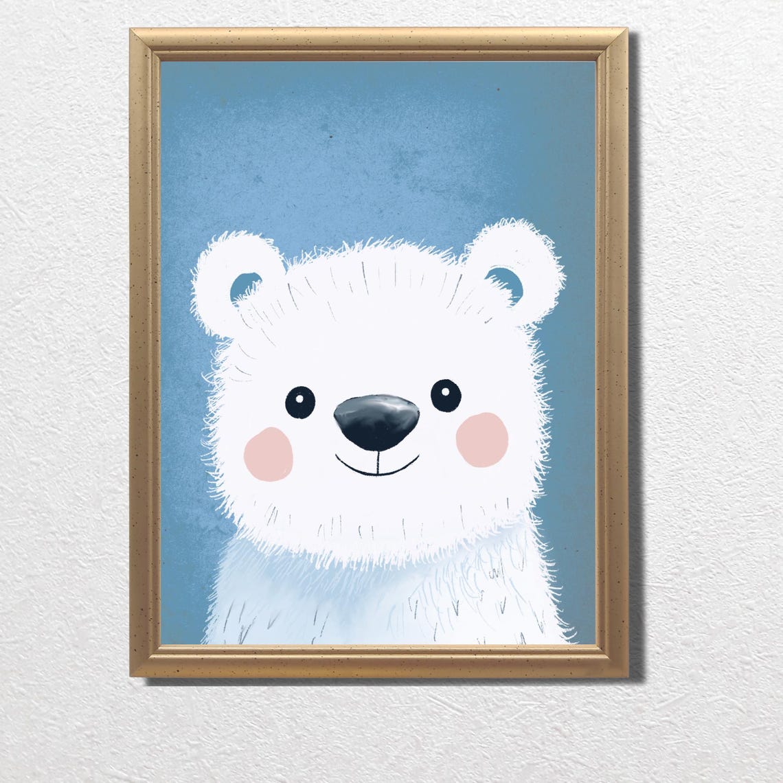 Adorable White Polar Bear Cub Face on Soft Blue Nursery Poster - Image 4