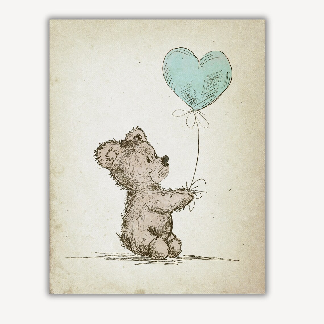 Vintage Teddy Bear Holding Blue Heart Balloon Nursery Art Print - Image 3
