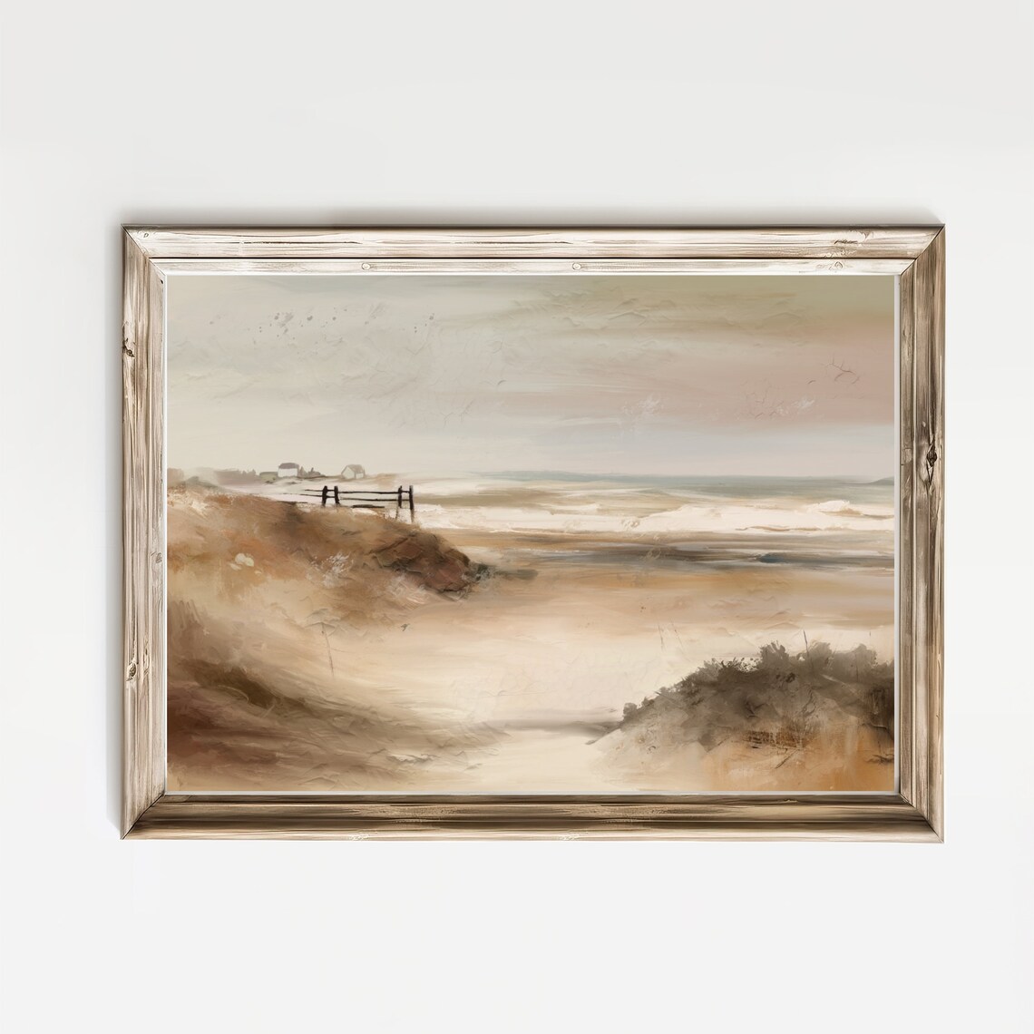 Muted Coastal Seascape Wooden Fence Beach Grass Vintage Art Poster