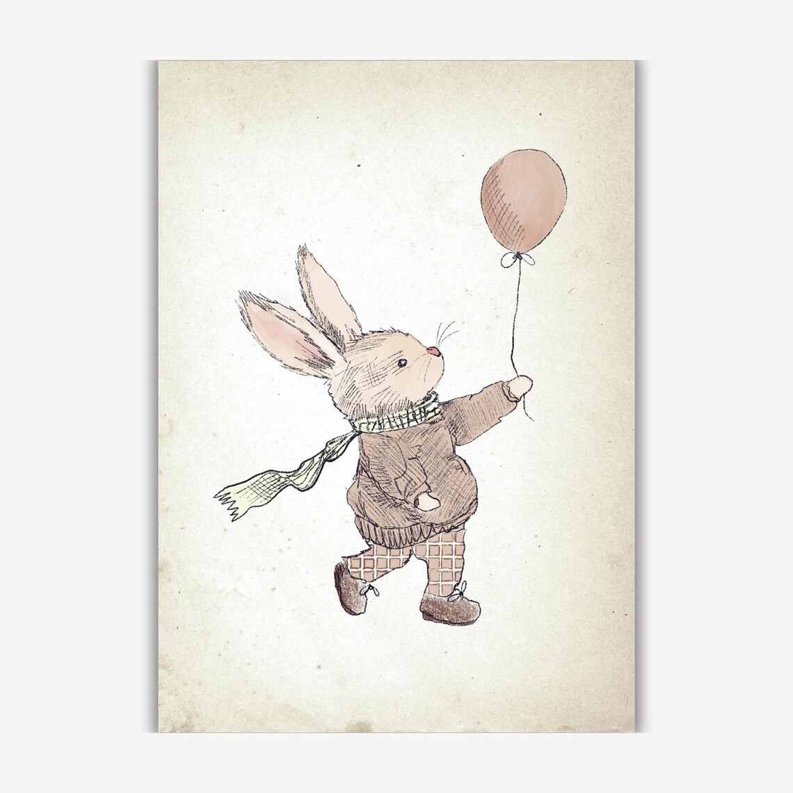 Cute Bunny In Sweater Holding Pink Balloon Nursery Sketch Poster - Image 4