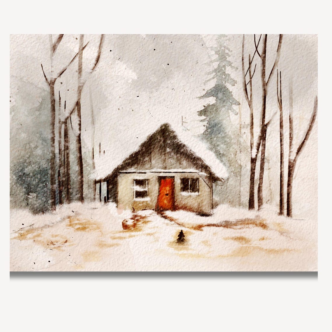 Snow Covered Cabin With Red Door Among Bare Trees Watercolor Poster - Image 2