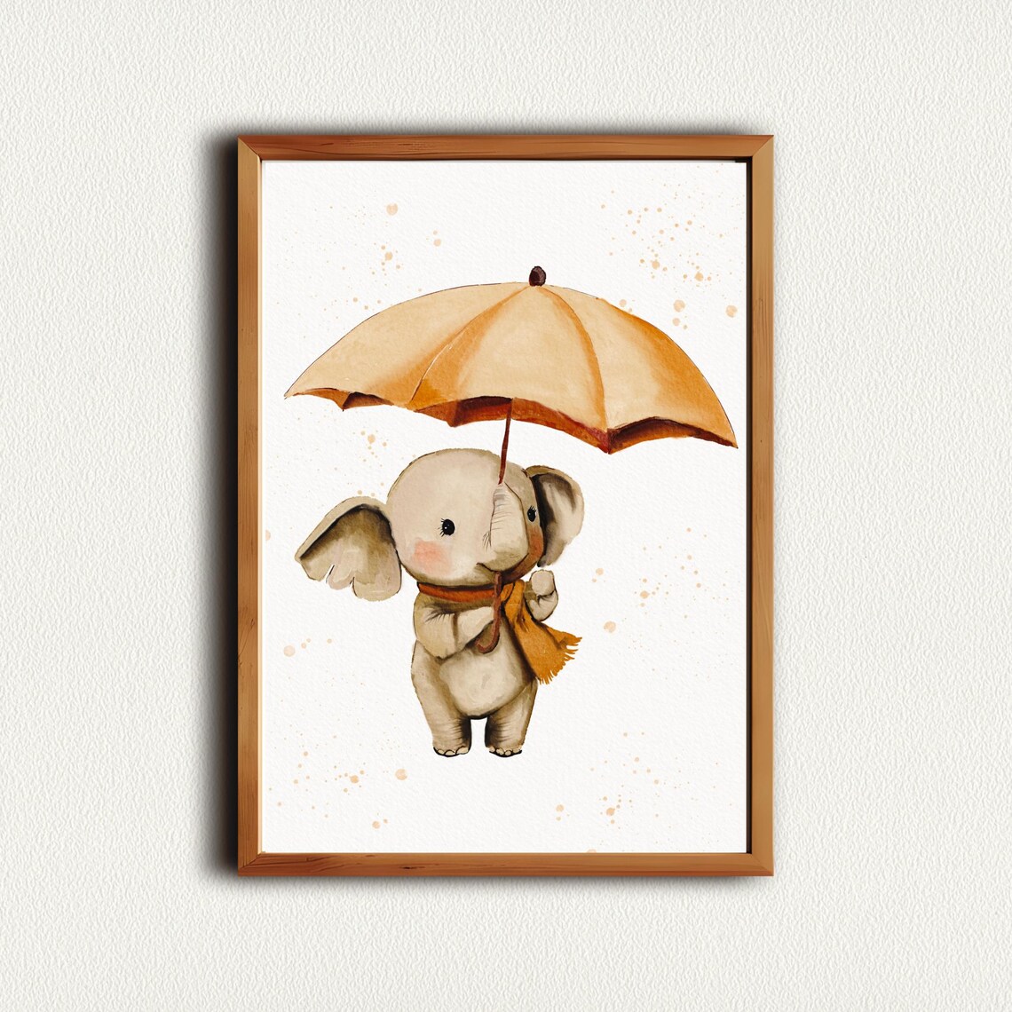 Baby Elephant Holding Golden Umbrella Orange Scarf Nursery Print - Image 4