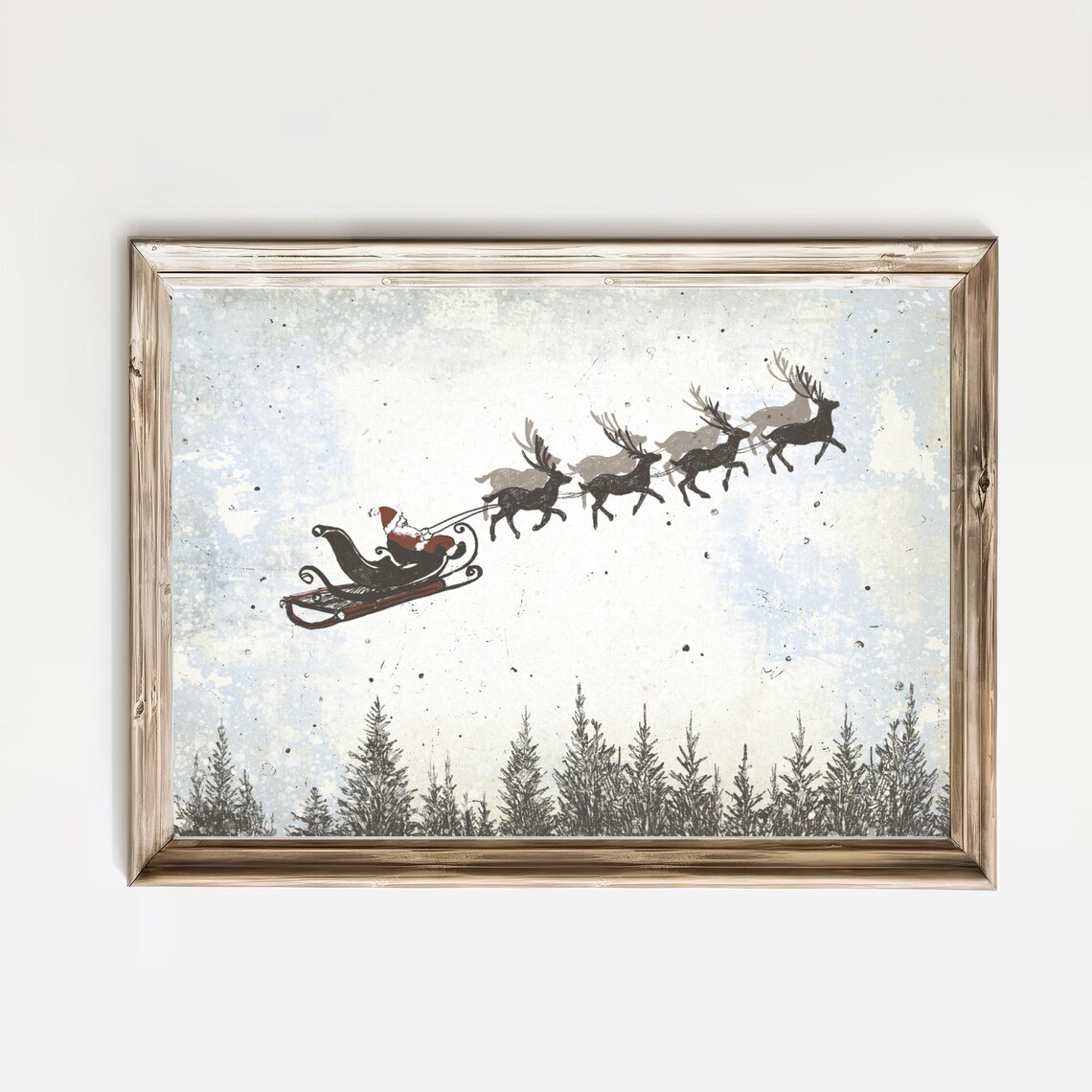 Santa Sleigh With Reindeer Vintage Christmas Eve Flight Poster
