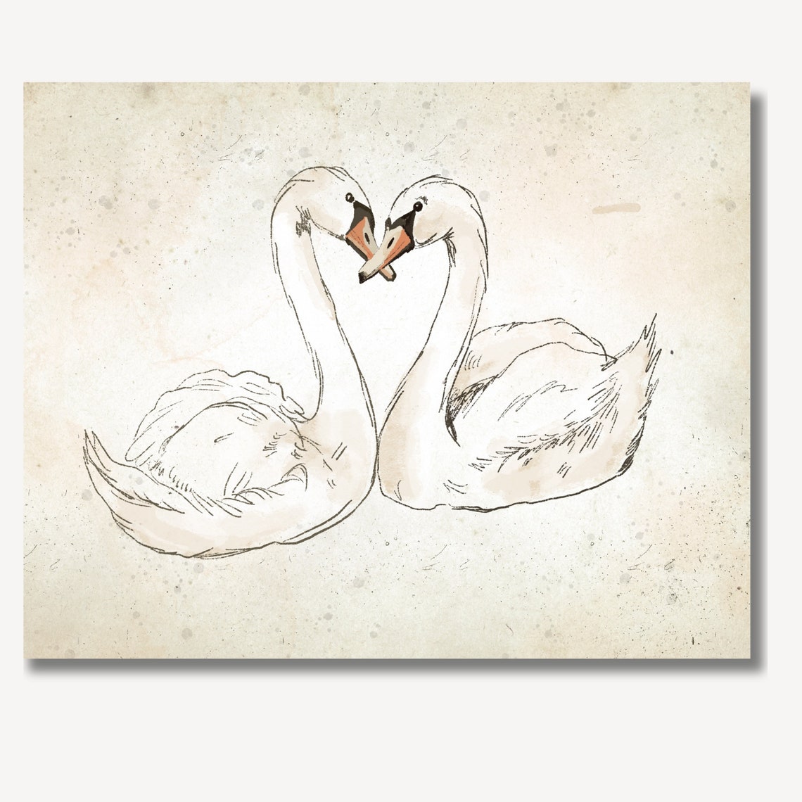 Swans with Necks Forming Heart Romantic Sketch Decor Art Print - Image 2