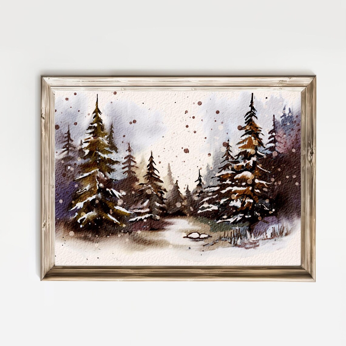 Snowy Evergreen Forest Brown Watercolor Winter Holiday Poster