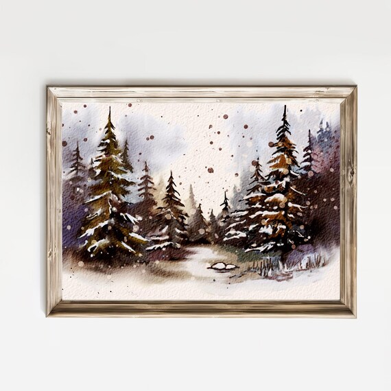 Snowy Evergreen Forest Brown Watercolor Winter Holiday Poster