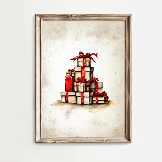 Cream Gift Boxes With Red Ribbons Vintage Christmas Wall Art