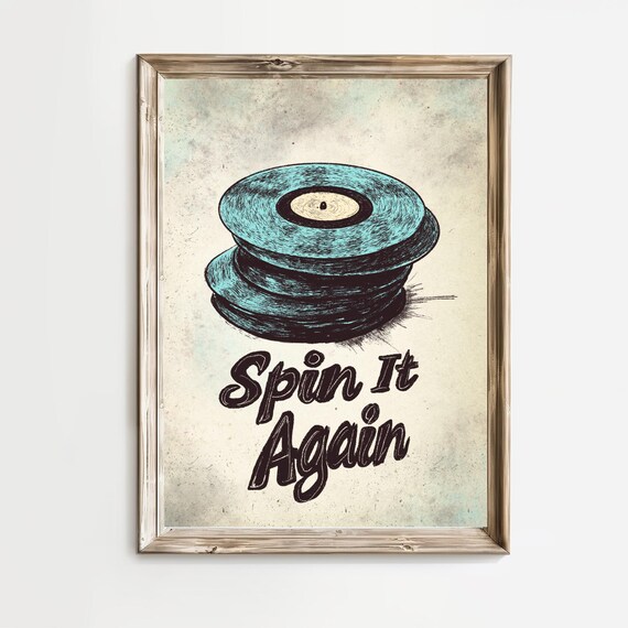 Spin It Again Retro Vinyl Records Teal Sketch Music Wall Art