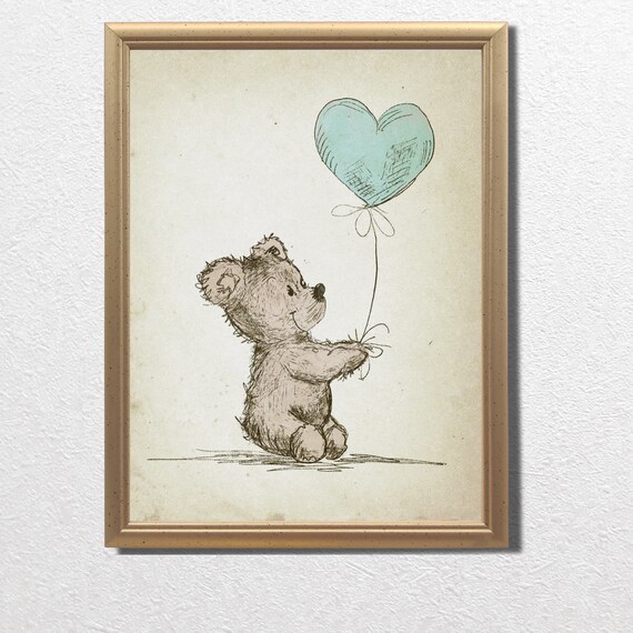 Vintage Teddy Bear Holding Blue Heart Balloon Nursery Art Print