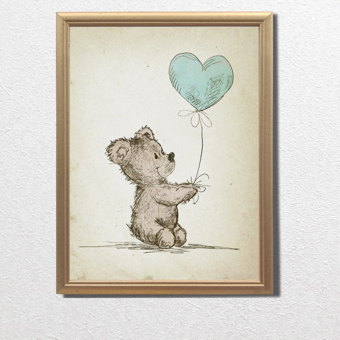 Vintage Teddy Bear Holding Blue Heart Balloon Nursery Art Print