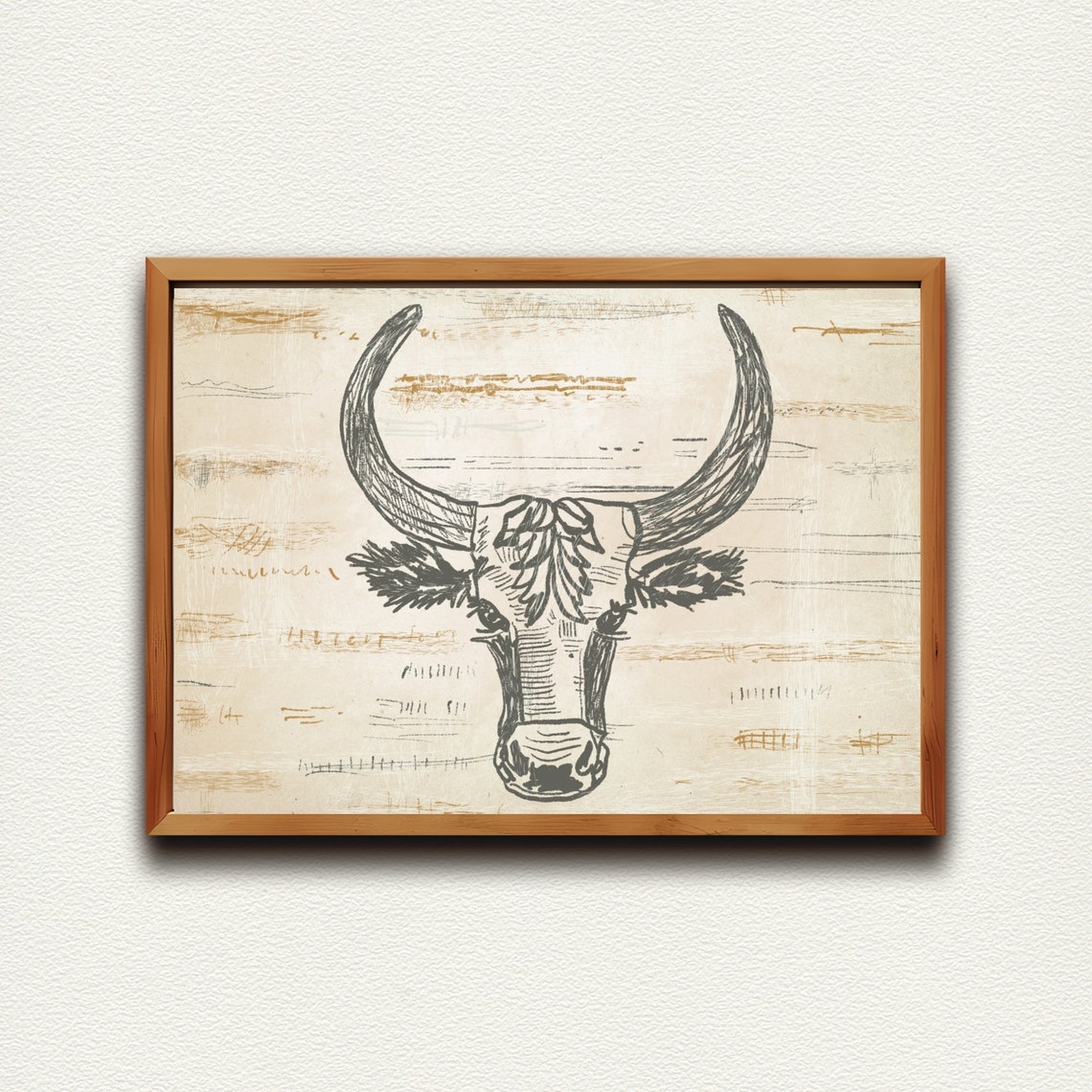 Longhorn Cow Head Line Sketch In Rustic Western Style Wall Art - Image 3
