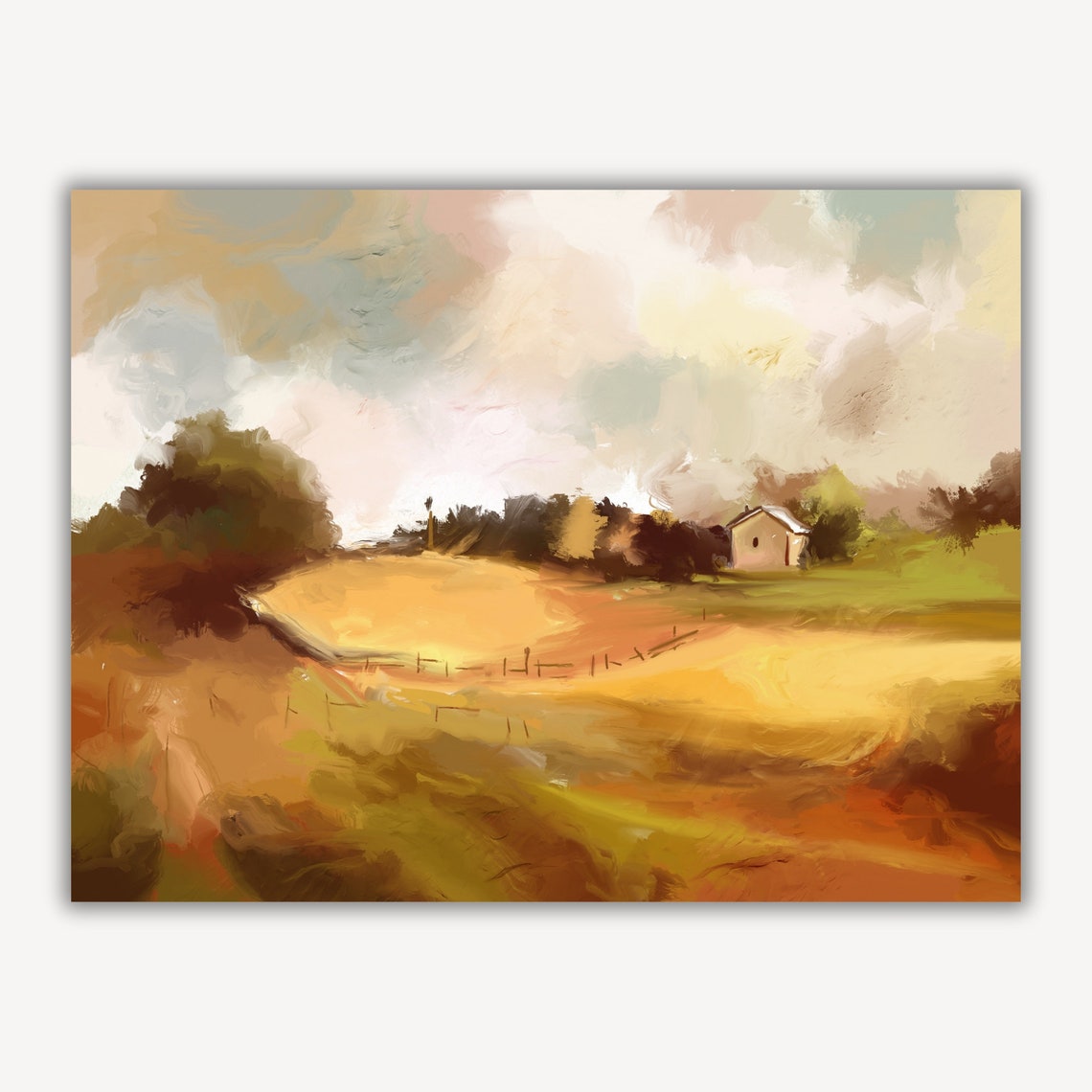 Golden Autumn Field With Farmhouse Rural Landscape Oil Painting Poster - Image 3