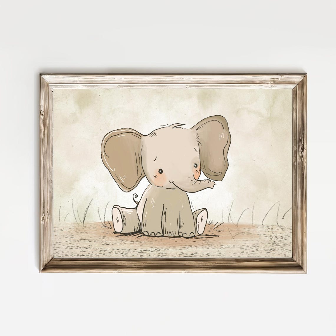 Baby Elephant Sitting In Nursery Neutral Animal Sketch Poster
