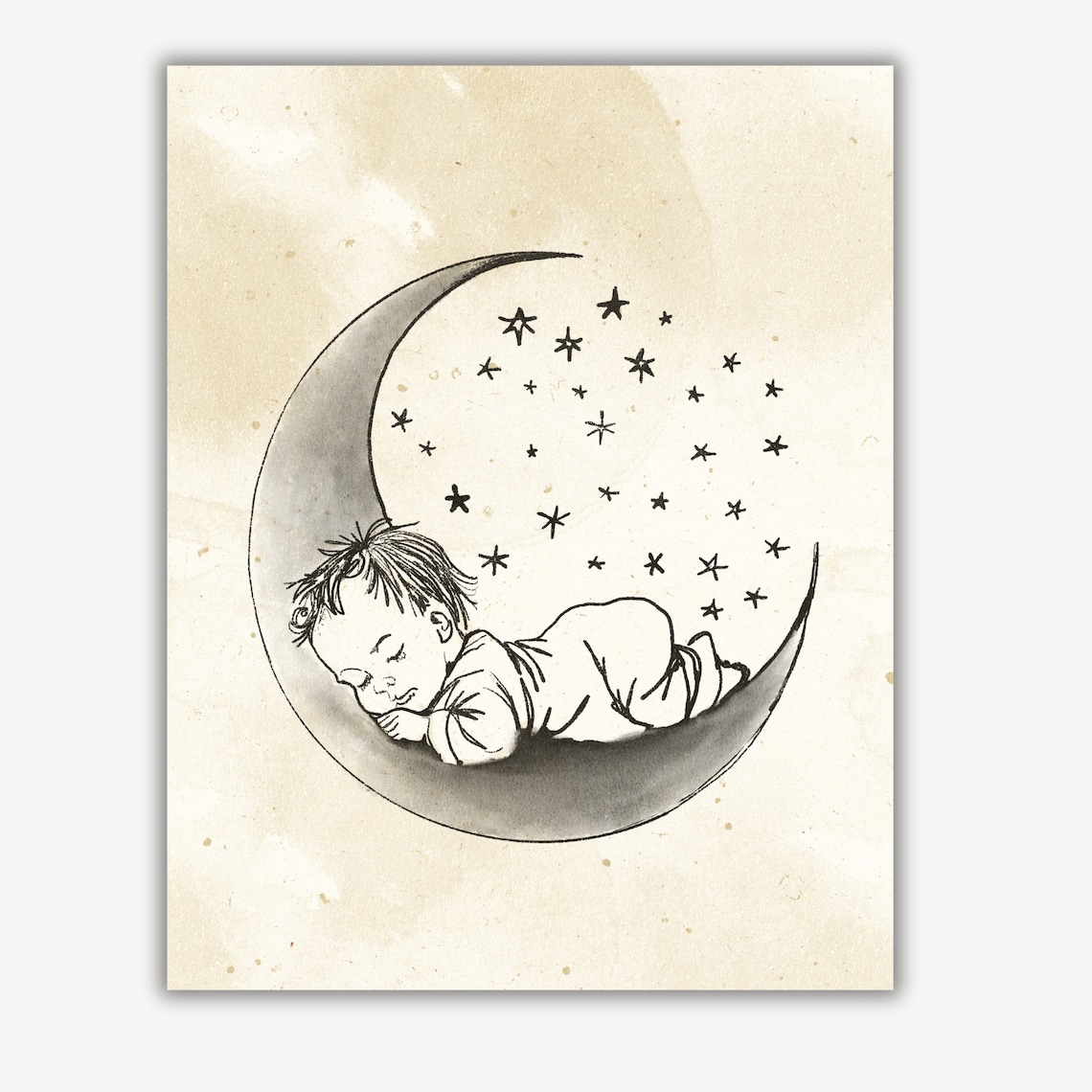 Sleeping Baby on Crescent Moon and Stars Nursery Sketch Poster - Image 3