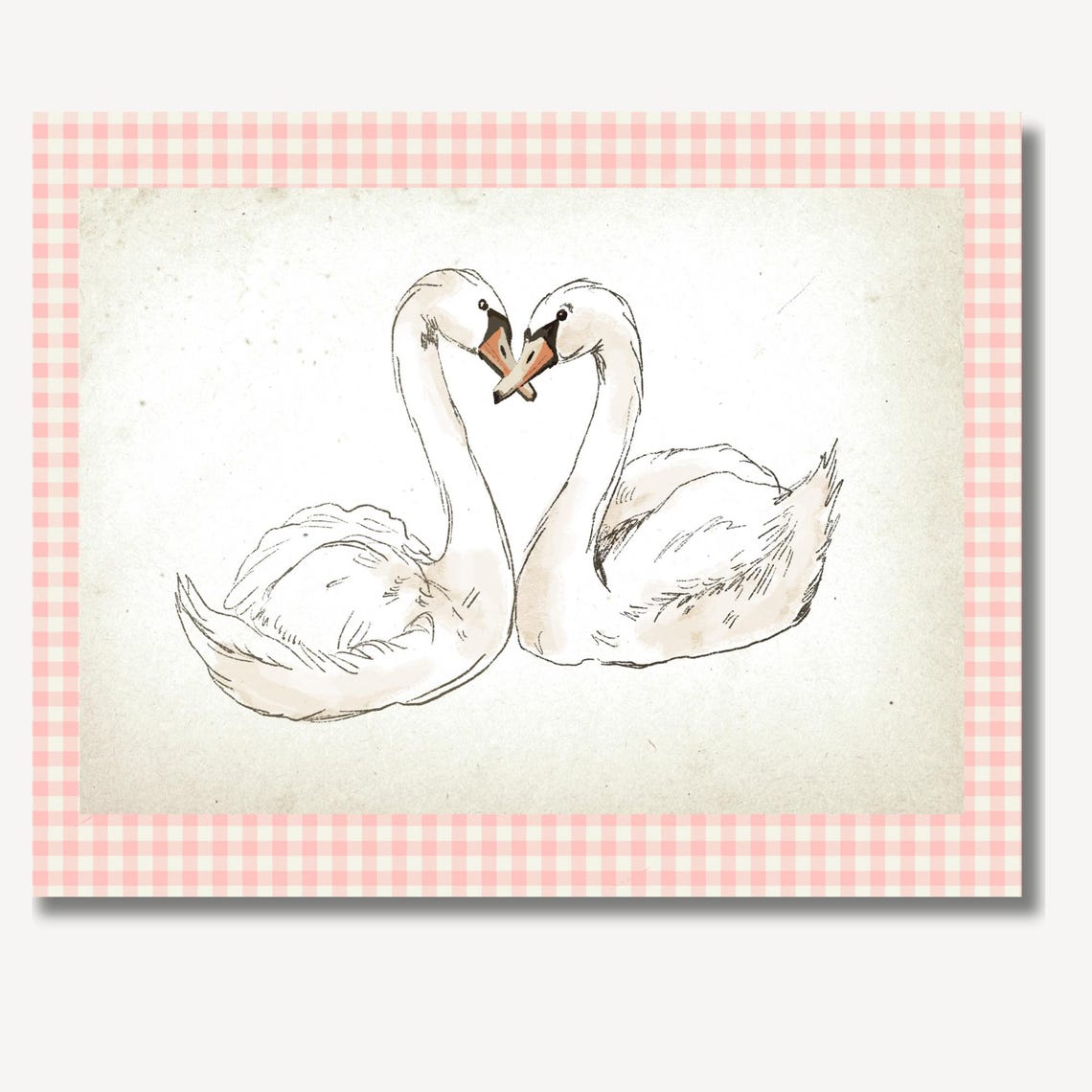 Swans Forming Heart Pink Gingham Border Romantic Decor Art Print - Image 2