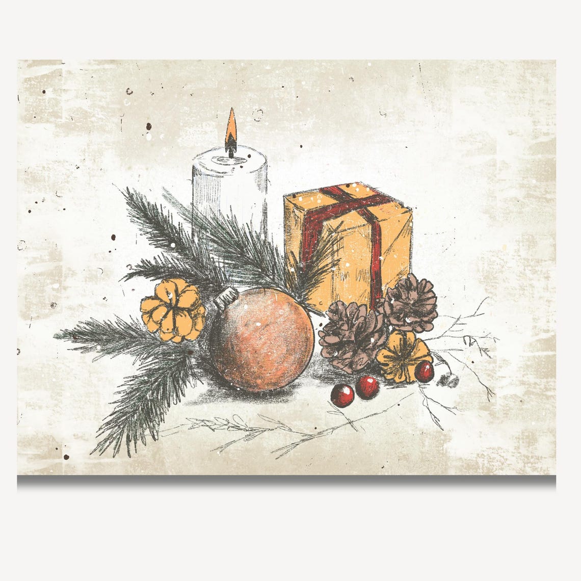 Lit Candle Gift Box Bauble Pinecones Rustic Christmas Art Poster - Image 2