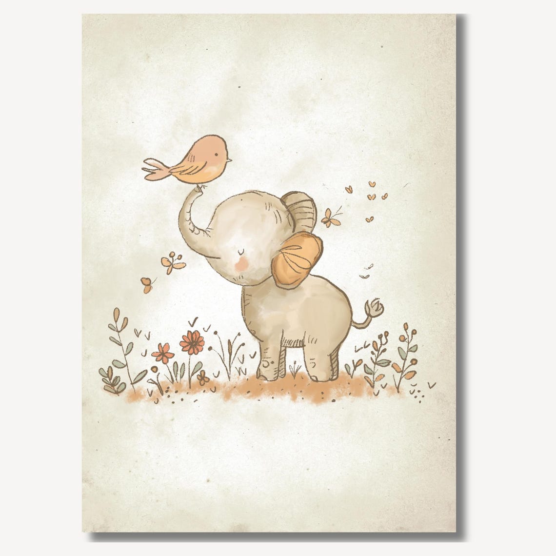 Baby Elephant With Bird On Trunk Among Wildflowers Nursery Poster - Image 2