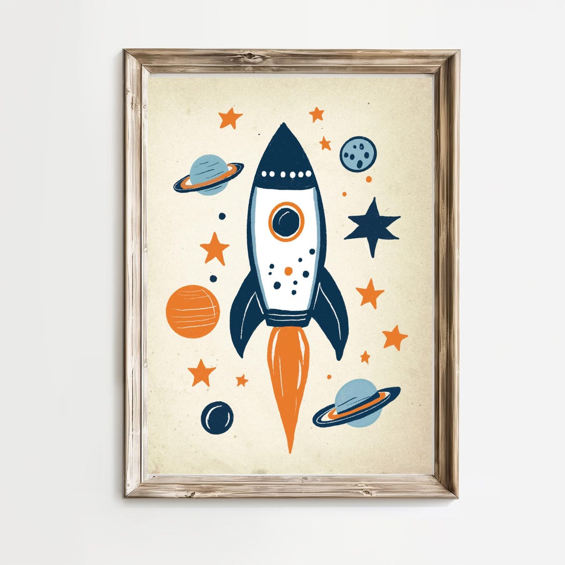 Vintage Navy Rocket Planets Stars Nursery Outer Space Art Print