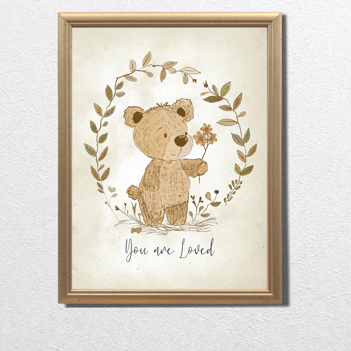 You Are Loved Text Teddy Bear In Leafy Wreath Nursery Quote Poster - Image 3