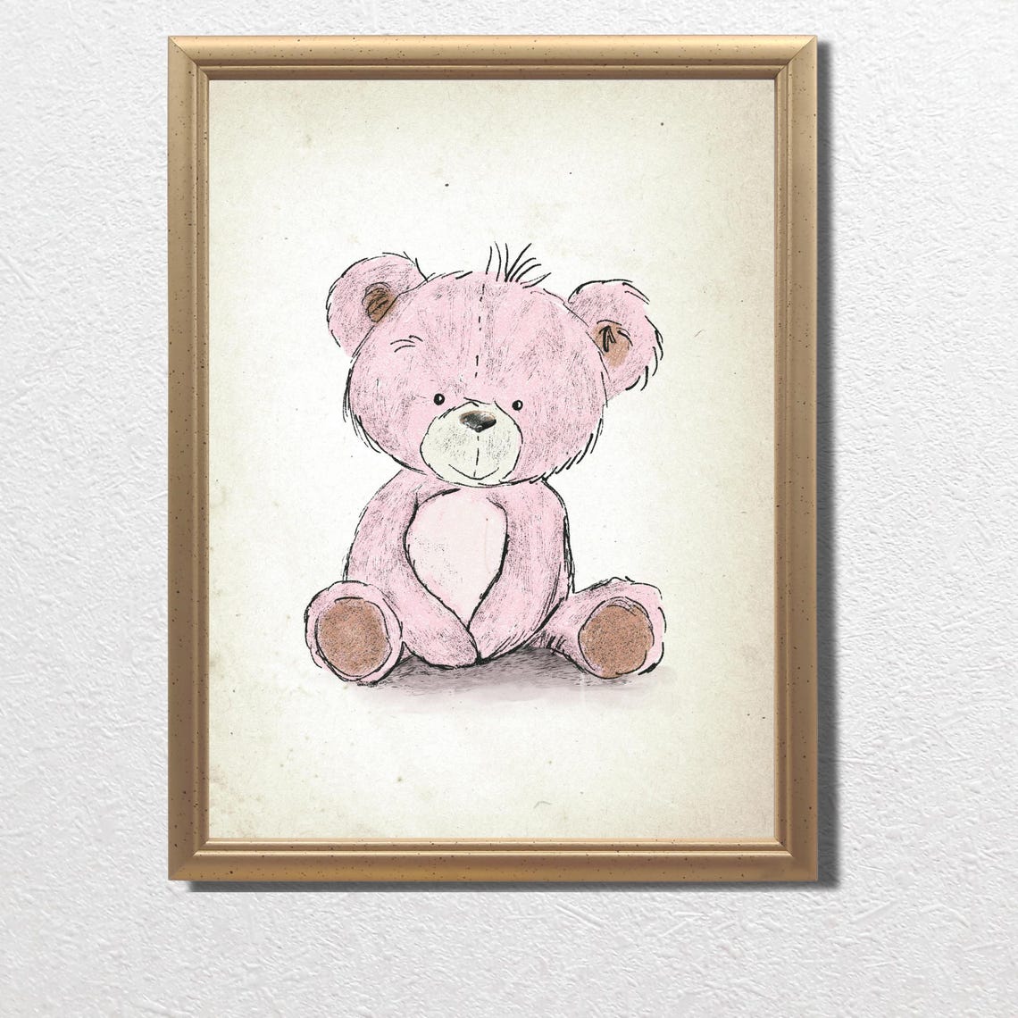 Vintage Nursery Gallery Wall Pink Teddy Bear Print Baby Girl Sketch Art Prints Vintage Illustration Baby Girls Room Decor - Image 2