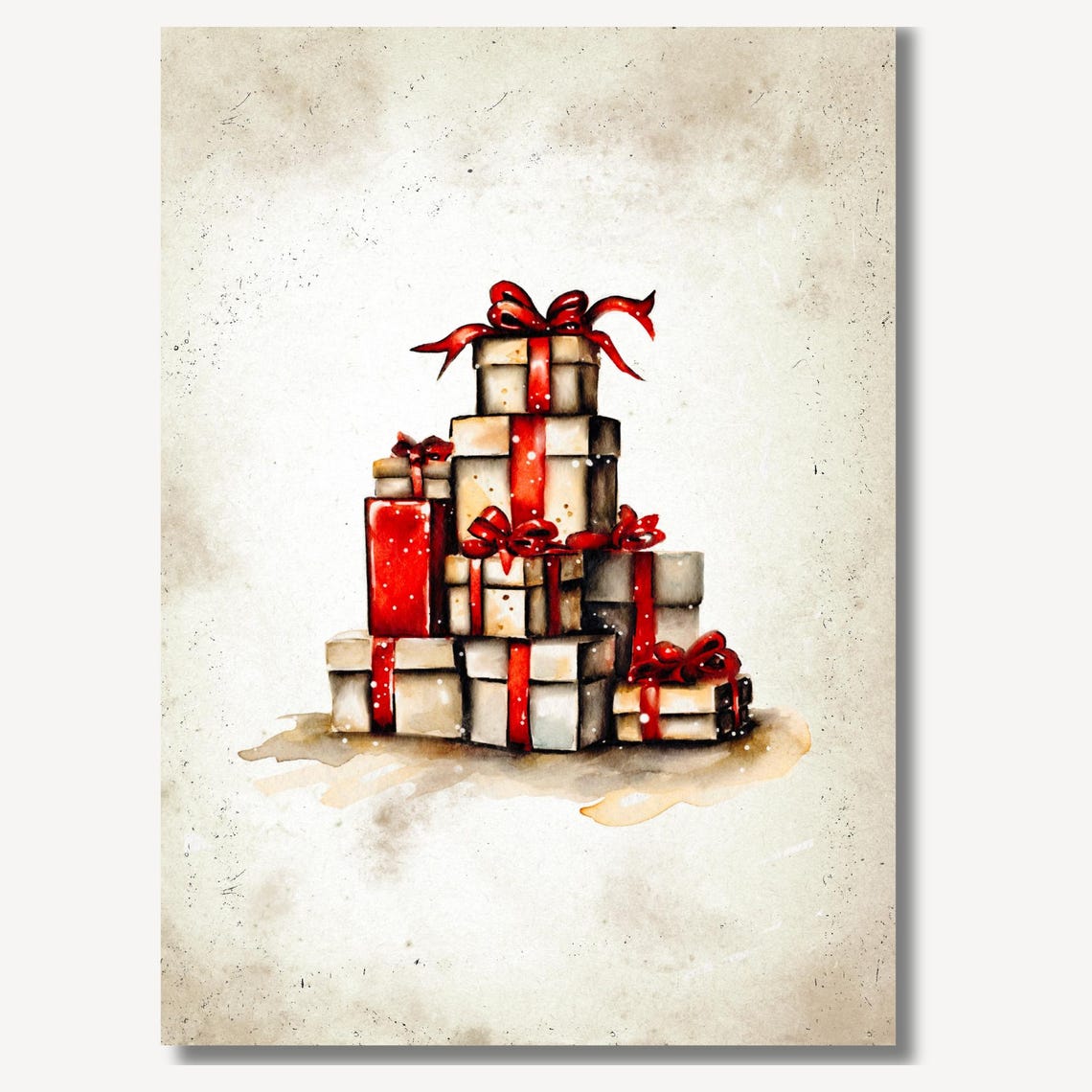 Cream Gift Boxes With Red Ribbons Vintage Christmas Wall Art - Image 2