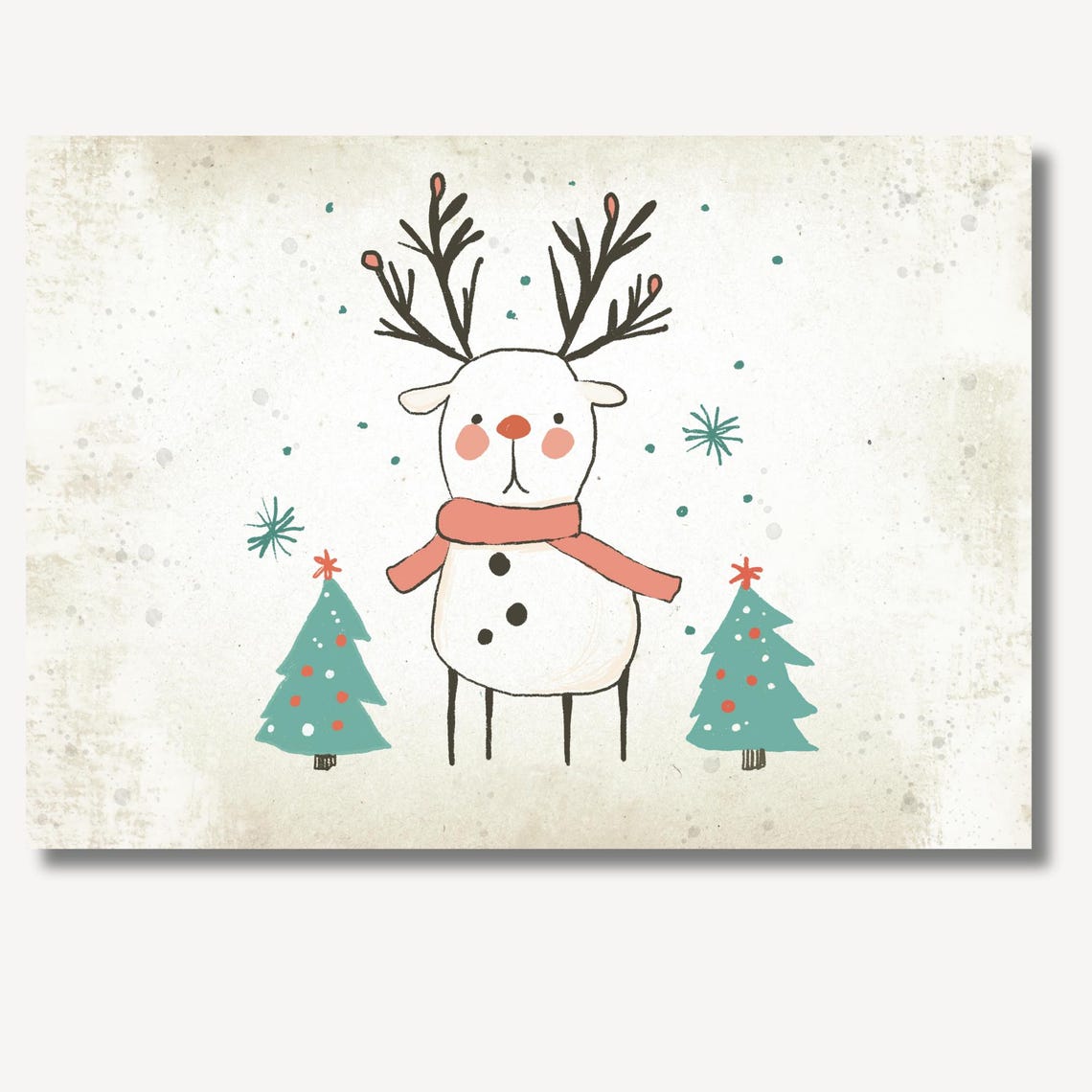 Cheerful Reindeer with Red Scarf and Twin Christmas Trees Poster - Image 2