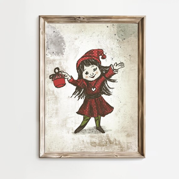 Dancing Christmas Elf Girl With Bell Red Polka Dot Dress Poster