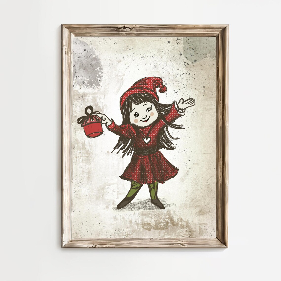 Dancing Christmas Elf Girl With Bell Red Polka Dot Dress Poster