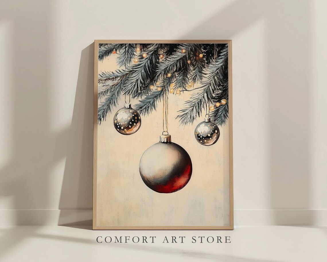 Silver and Red Christmas Ornaments Hanging Fir Branch Poster - Image 2