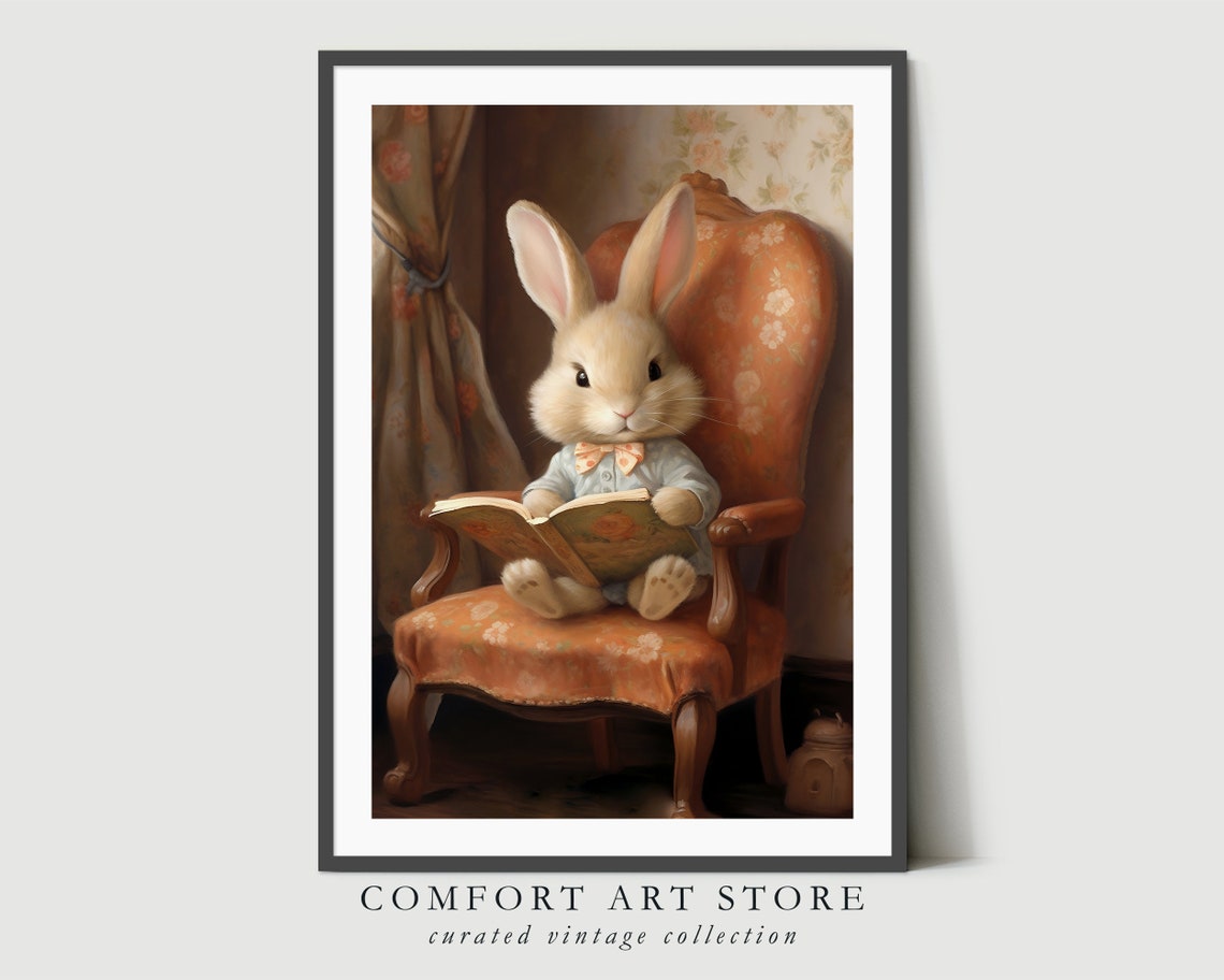 Cute Easter Bunny Spring Print Easter Bunny Reading Book Easter Rabbit Easter Vintage Decor Cottagecore Easter Farmhouse Wall Art - Image 6