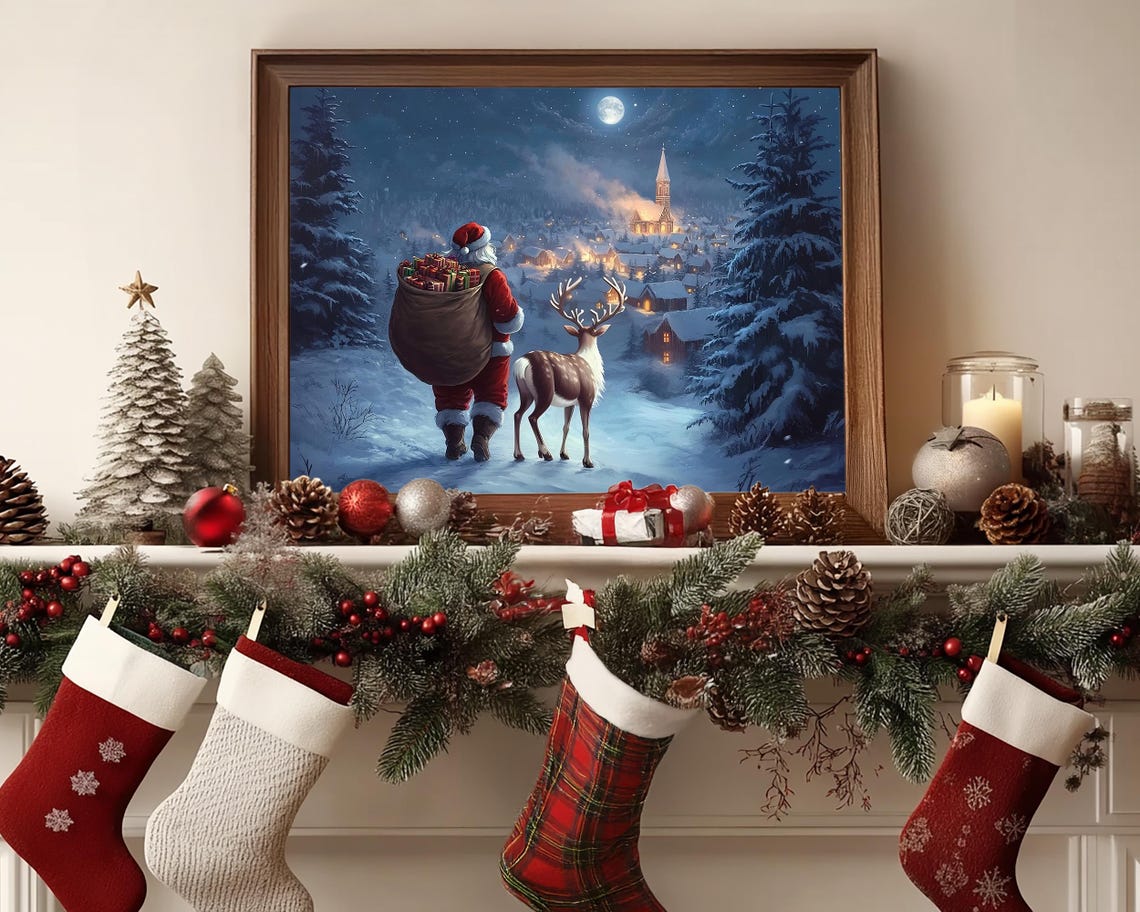 Christmas Wall Art Santa Claus Reindeer Print Dark Academia Winter Village Scene Snowy Holiday Decor Vintage Christmas Painting - Image 5