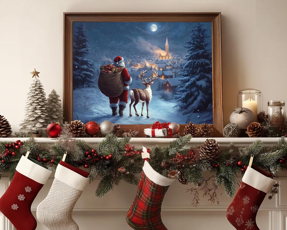 Magical Santa Claus with Reindeer Walking to Snowy Village Poster - Image 5