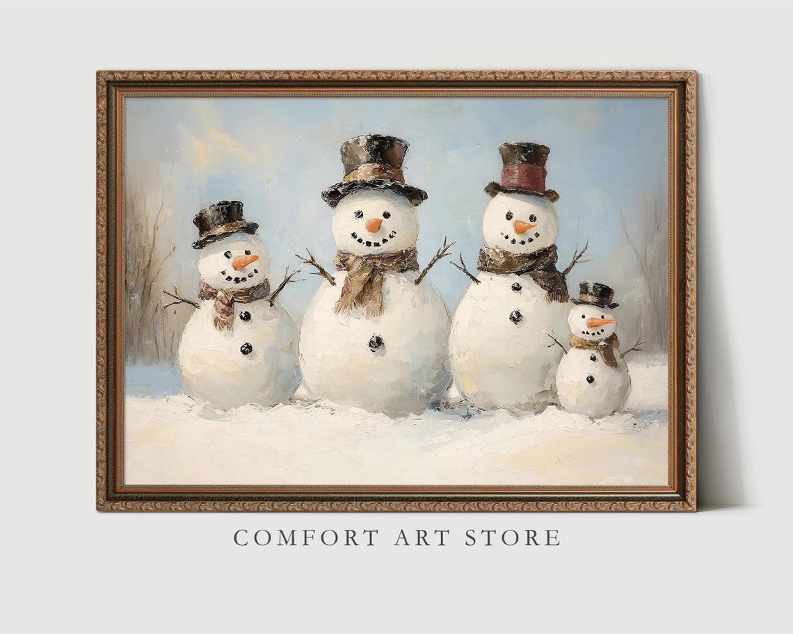 Antique Vintage Christmas Snowman Print Christmas Wall Art Winter Scene Holiday Art Snowman Family Christmas Painting Snowman Wall Art Decor - Image 2