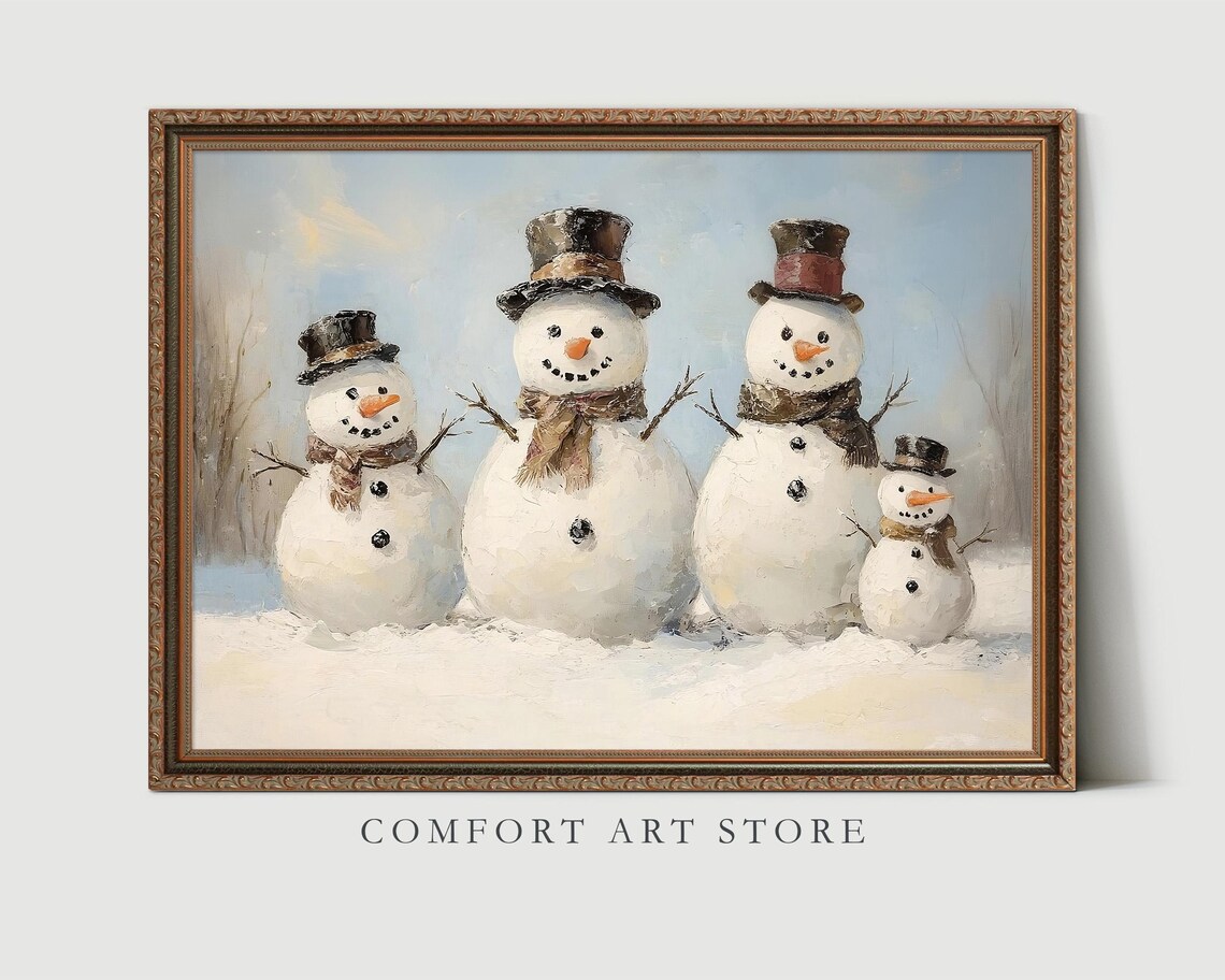 Cheerful Snowman Family with Top Hats and Scarves Winter Poster - Image 2