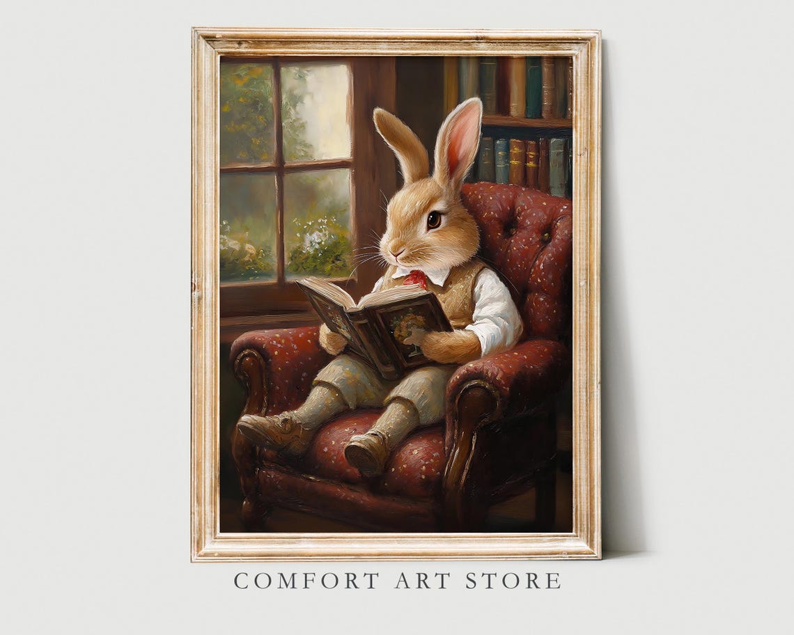 Easter Bunny Print Cute Easter Bunny Reading Book Easter Rabbit Easter Vintage Spring Cottagecore Nursery Decor Farmhouse Wall Art - Image 4