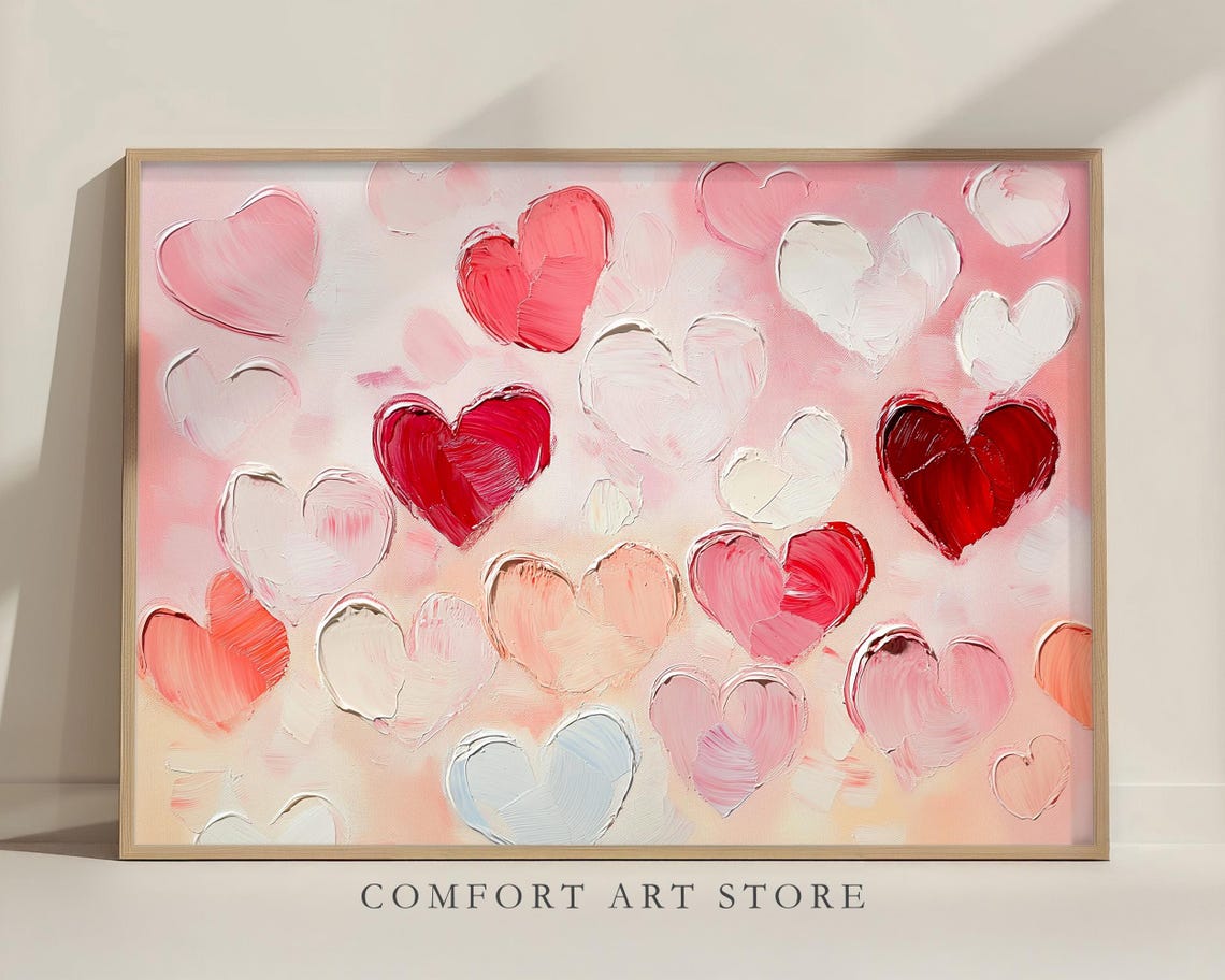 Red Pink Impasto Hearts Textured Romantic Valentine Wall Art Poster - Image 4