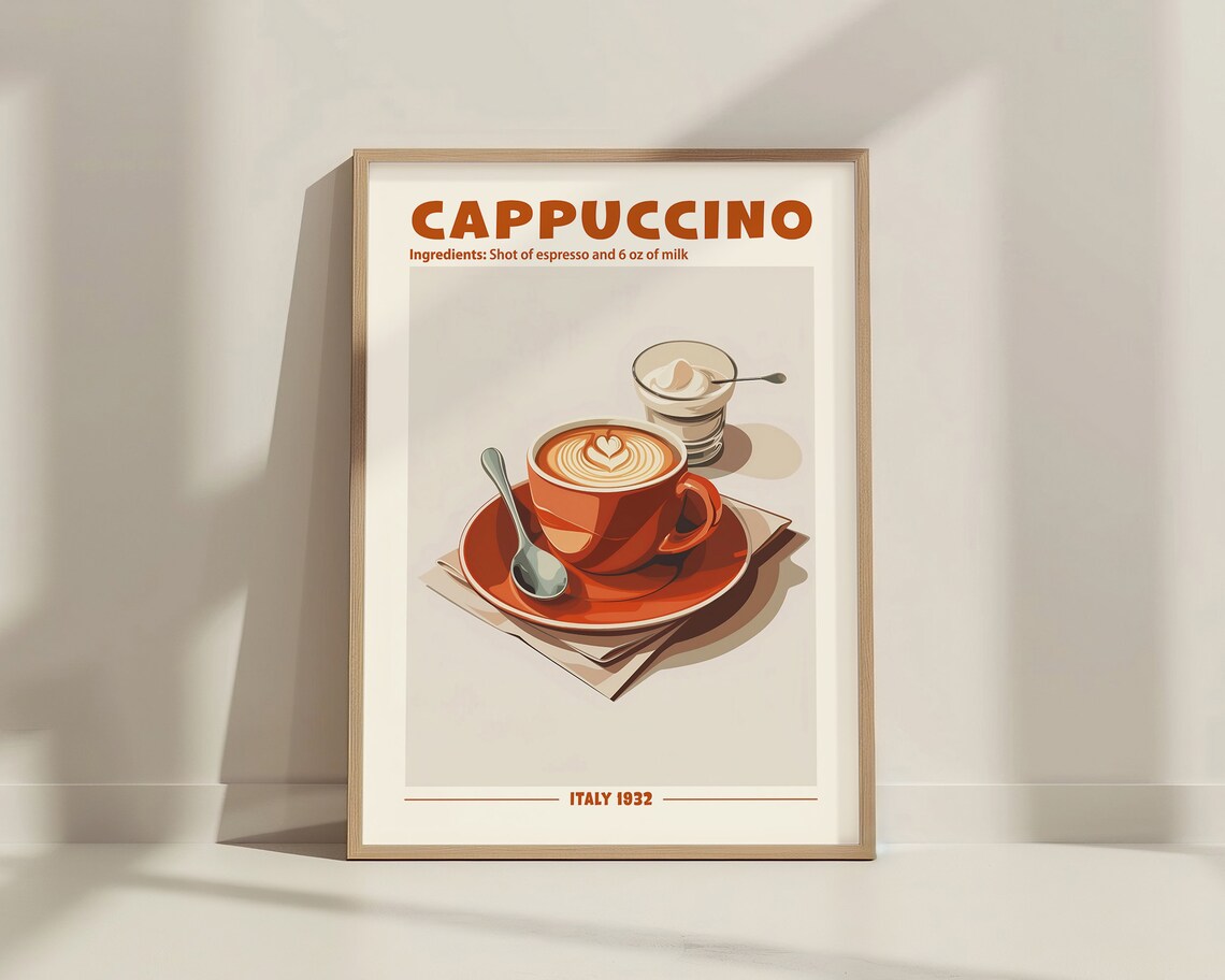 Retro Cappuccino Coffee Print, Kitchen Bar Decor