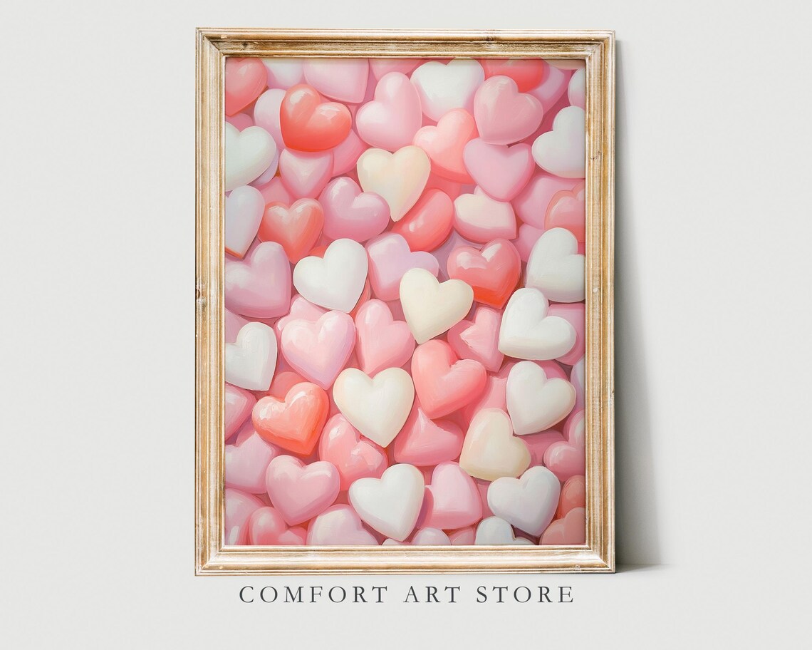 Pink Heart Candies Pile Glossy Sweet Valentine Wall Art Poster Print