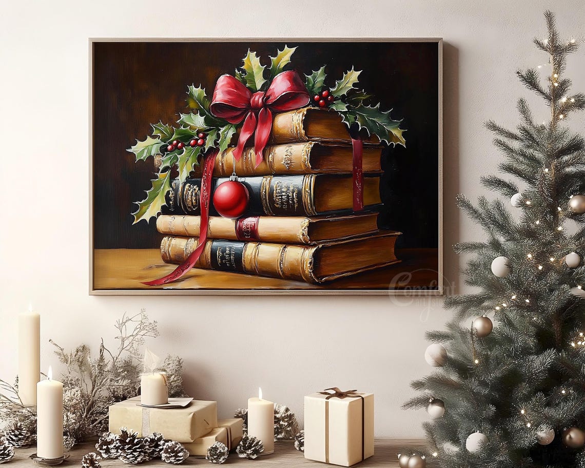 Classic Antique Book Stack with Red Bow and Holly Christmas Poster - Image 8