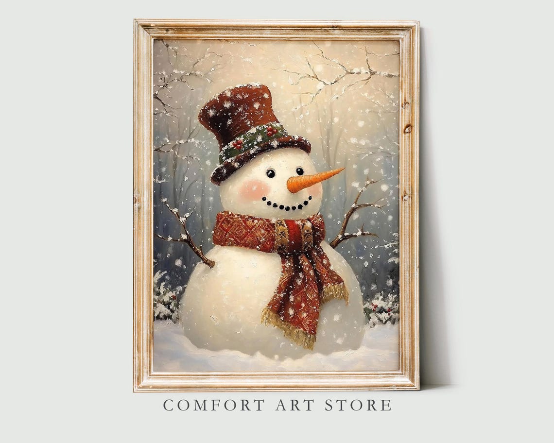 Friendly Cheerful Snowman with Top Hat and Red Scarf Winter Poster