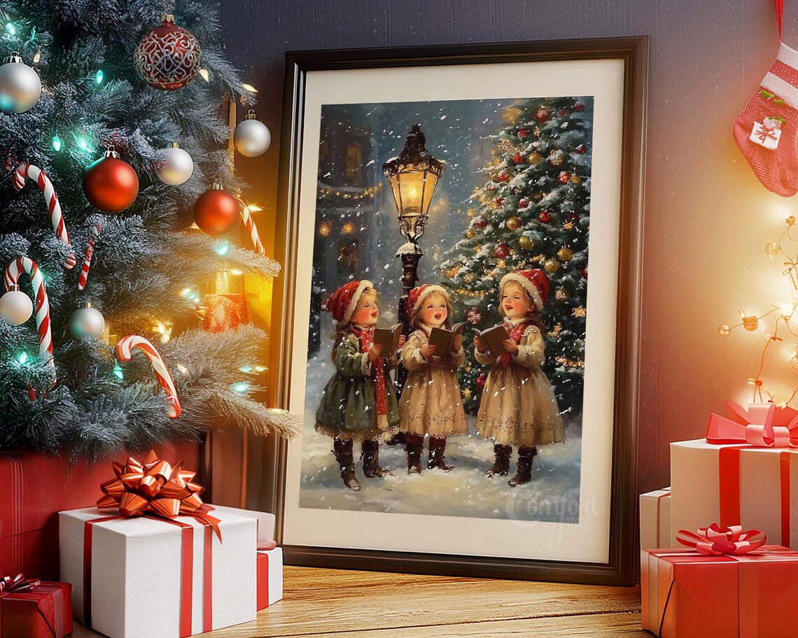 Children Caroling Street Lamp Christmas Tree Vintage Storybook Poster - Image 6