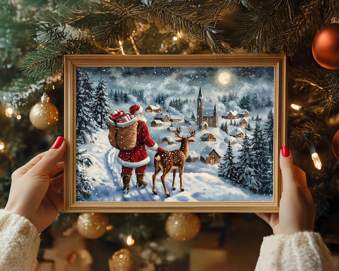 Santa Claus With Reindeer Over A Snowy Village Under Moonlight Print - Image 7