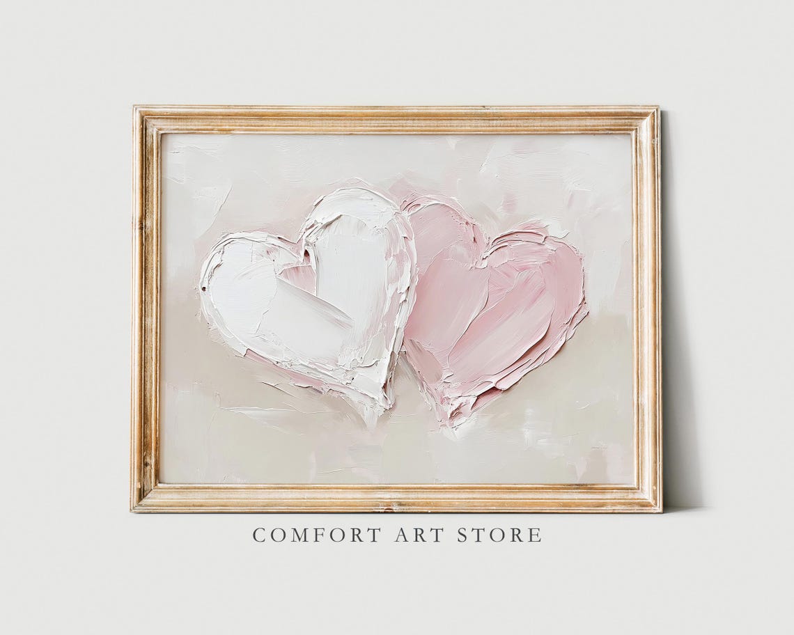 Valentines Two Textured Hearts Impasto Neutral Minimalist Wall Art