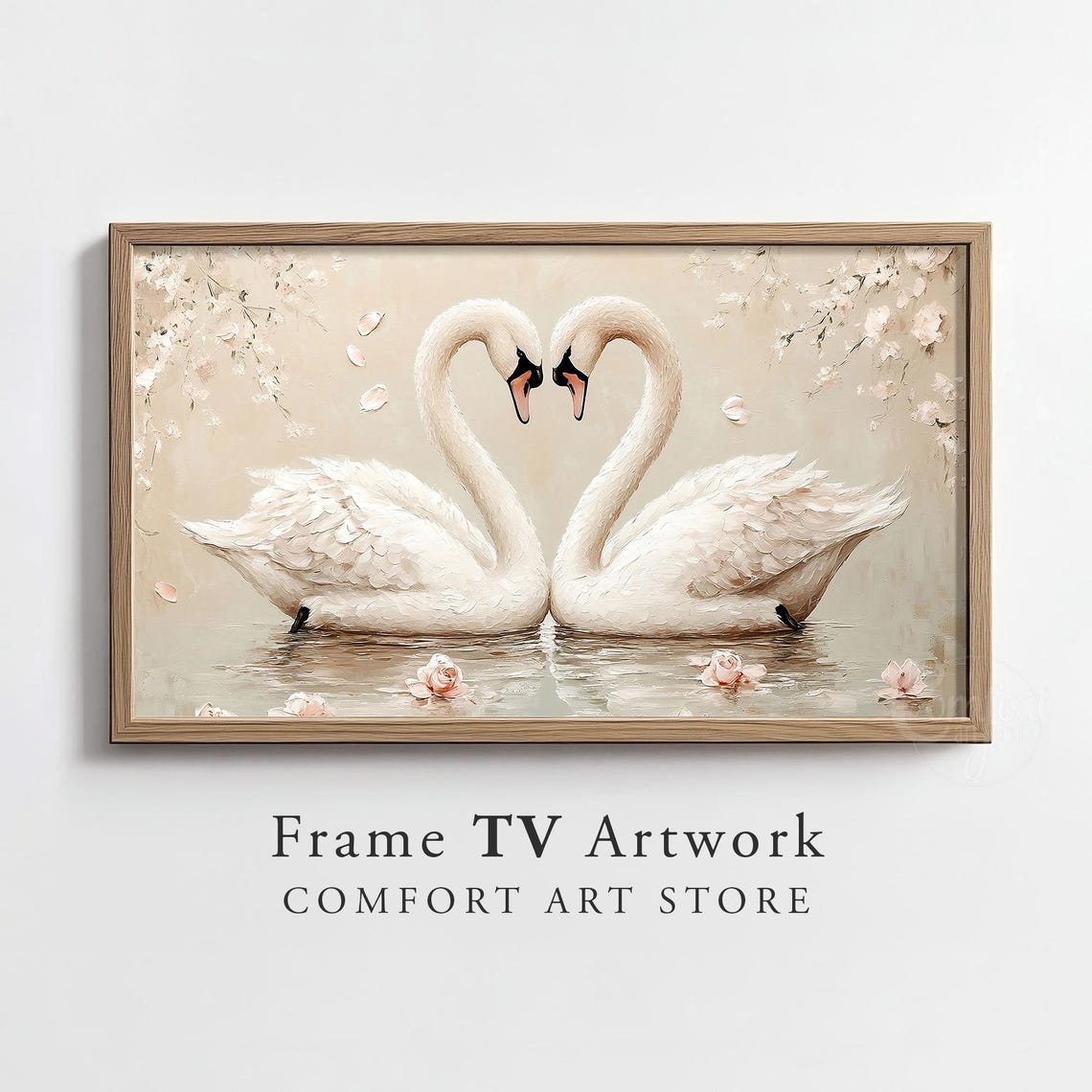 White Swans Necks Forming Heart Blossom Lake Romantic Art Poster