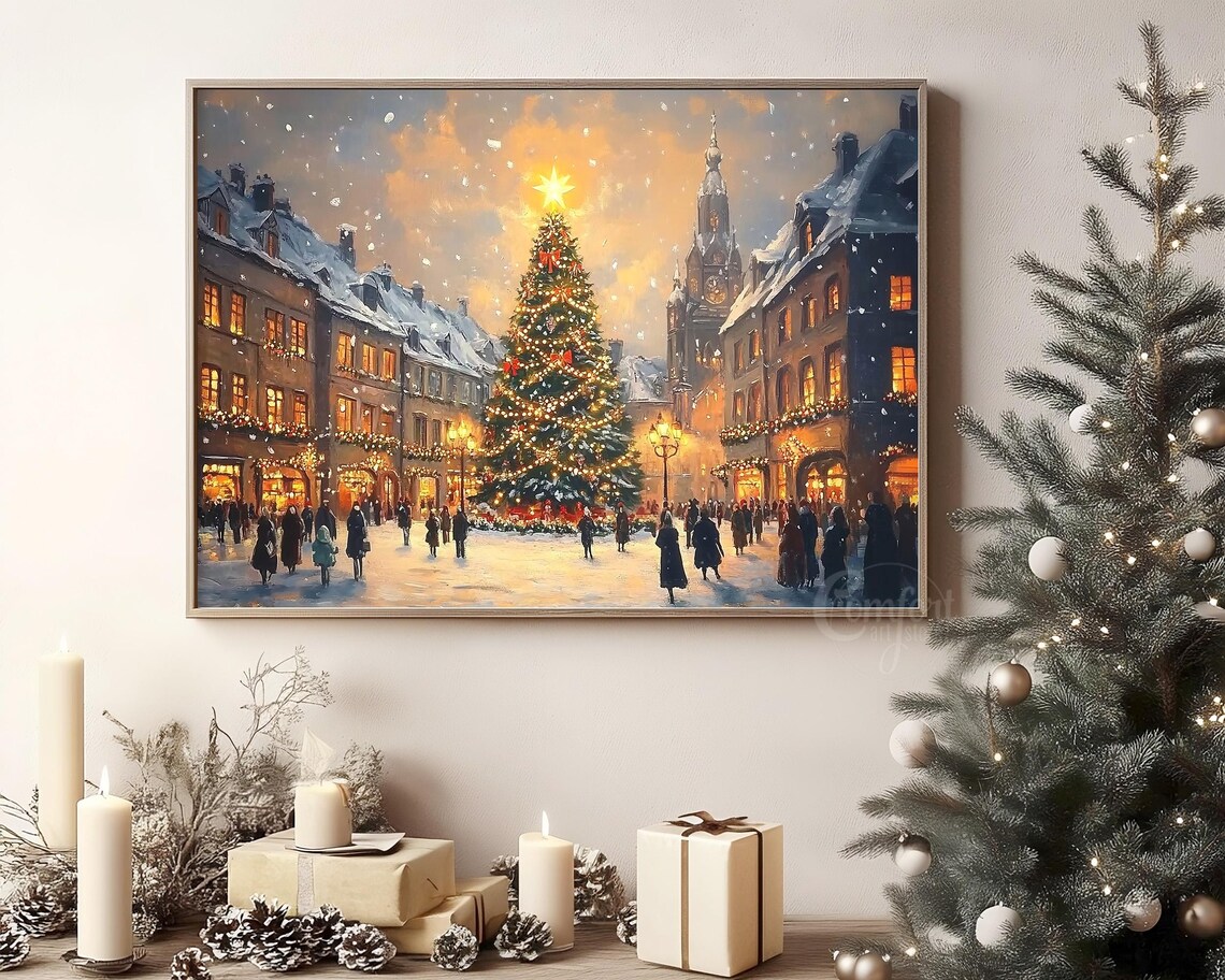 European Christmas Market Square with Lit Tree at Dusk Poster - Image 8