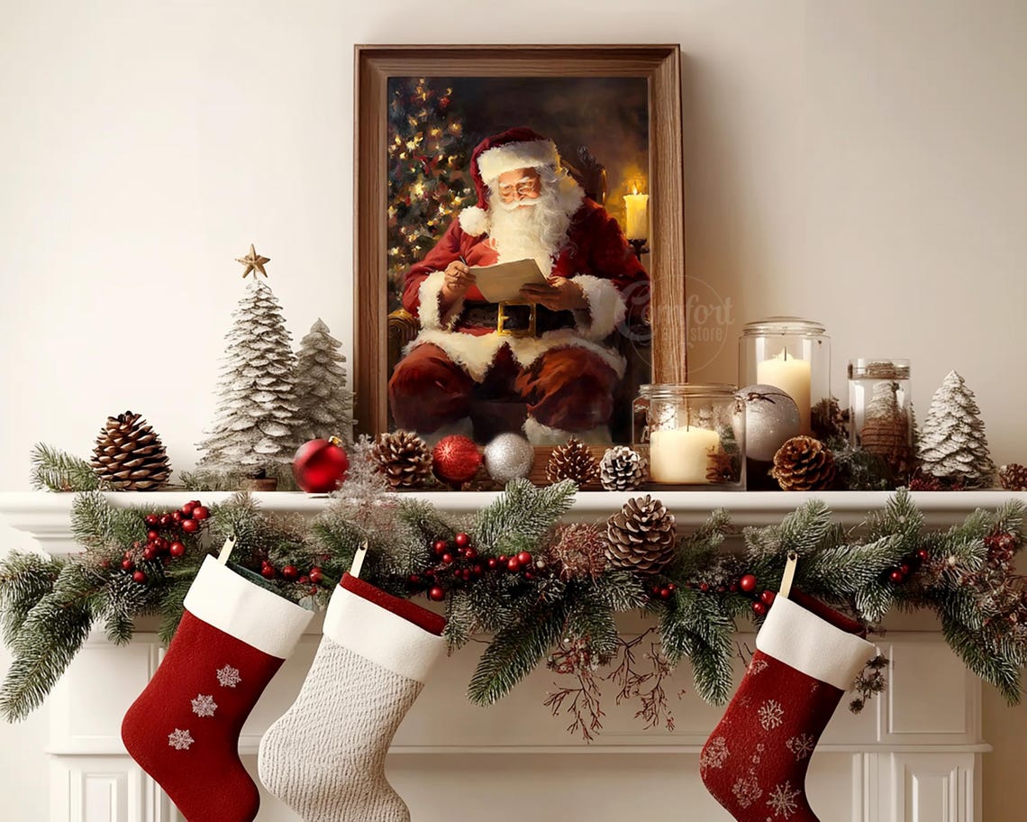 Santa Claus Reading Notes Beside the Christmas Tree Vintage Poster - Image 4