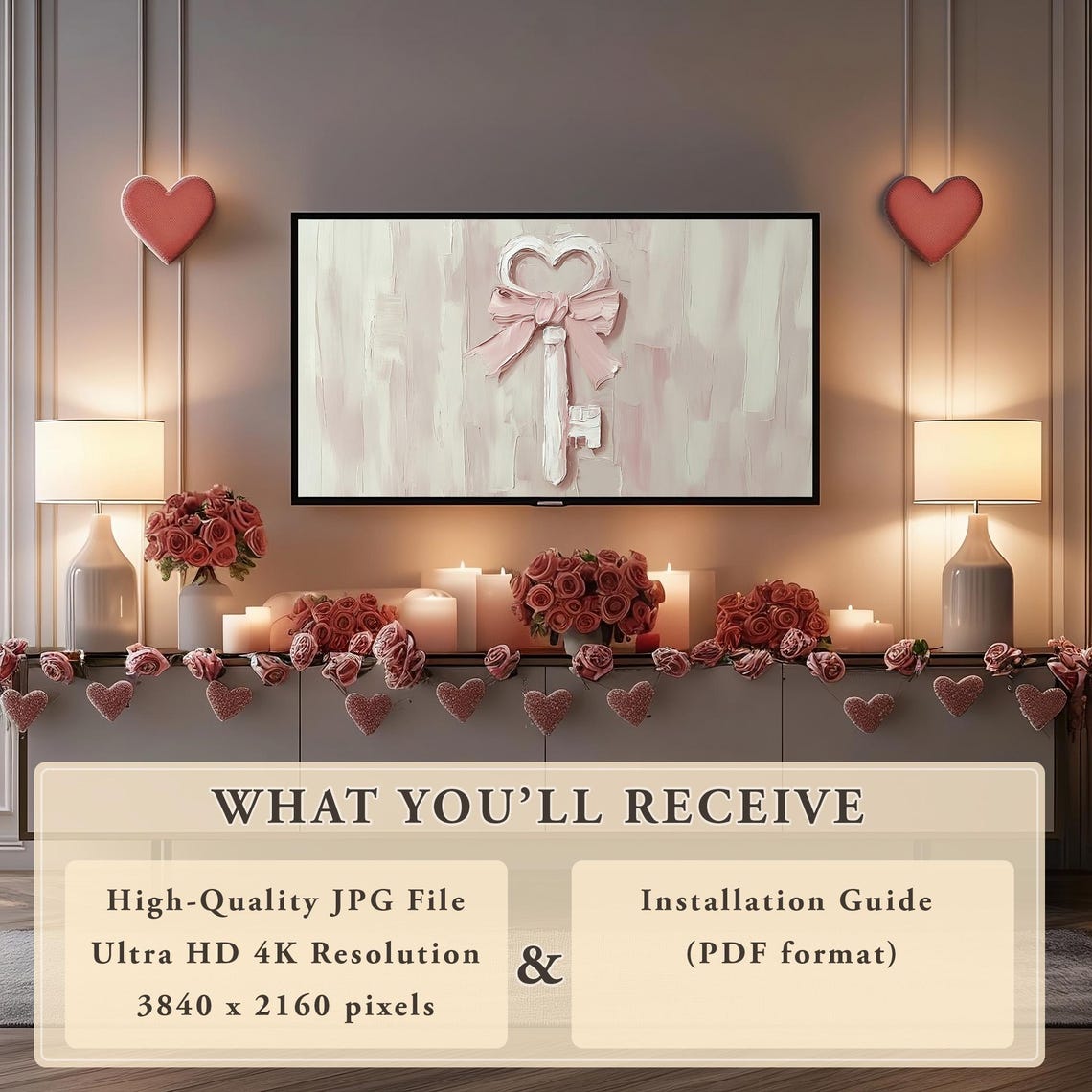 Valentine Heart Key Pink Bow Impasto Painting Romantic Frame TV Poster - Image 4