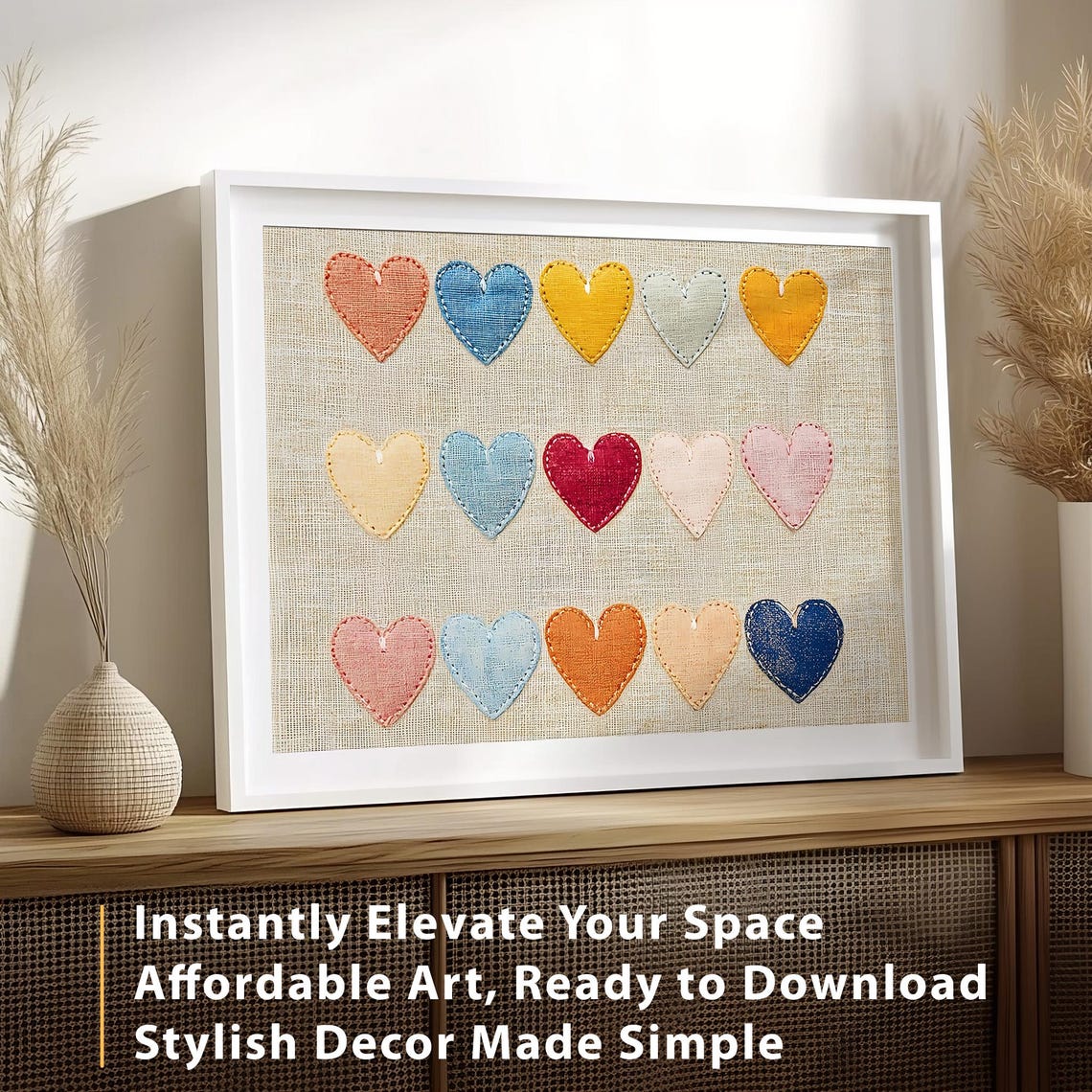 Valentines Embroidered Hearts Grid Linen Fabric Rustic Print Wall Art - Image 4